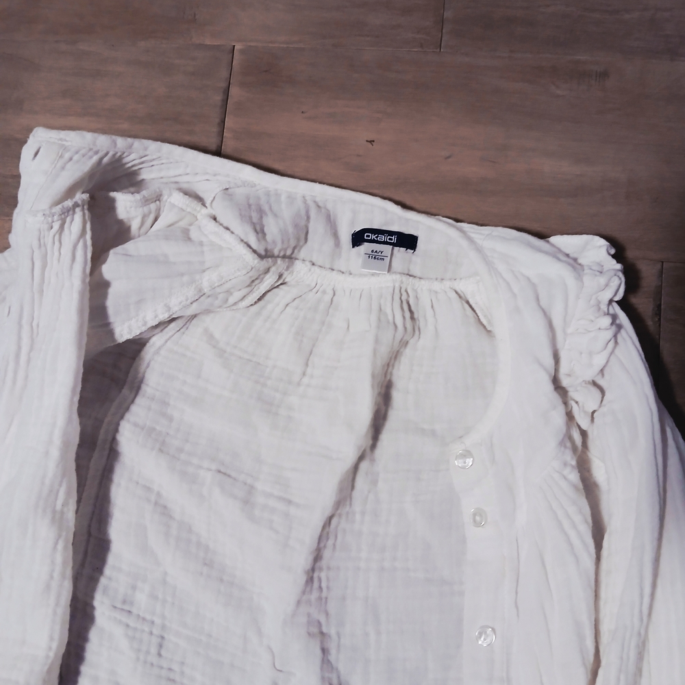 💥💥Girls' White Ruffle-Trim Button-Front Blouse - Picture 4 of 4